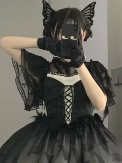 Gothic Lolita Blouses Lolita Top Black Short Sleeves Ruffles Lace Tops