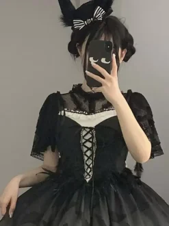 Gothic Lolita Blouses Lolita Top Black Short Sleeves Ruffles Lace Tops