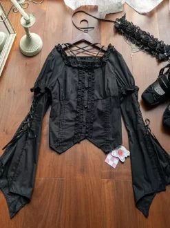 Gothic Lolita Blouses Ruffles Lace Up Short Sleeves Blouse Lolita Top Black Lolita Shirt