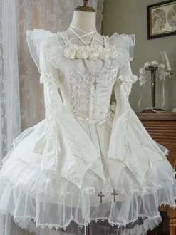 Gothic Lolita Blouses Ruffles Lace Up Short Sleeves Blouse Lolita Top Black Lolita Shirt
