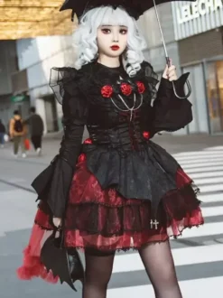 Gothic Lolita Blouses Ruffles Lace Up Short Sleeves Blouse Lolita Top Black Lolita Shirt