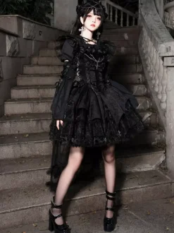 Gothic Lolita Blouses Ruffles Lace Up Short Sleeves Blouse Lolita Top Black Lolita Shirt