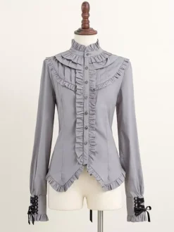 Gothic Lolita Blouses Ruffles Bows Lolita Top Long Sleeves Gray Lolita Shirt