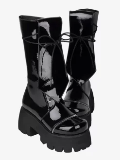 Gothic Lolita Boots Black Grommets Glitter Round Toe PU Leather Lolita Footwear