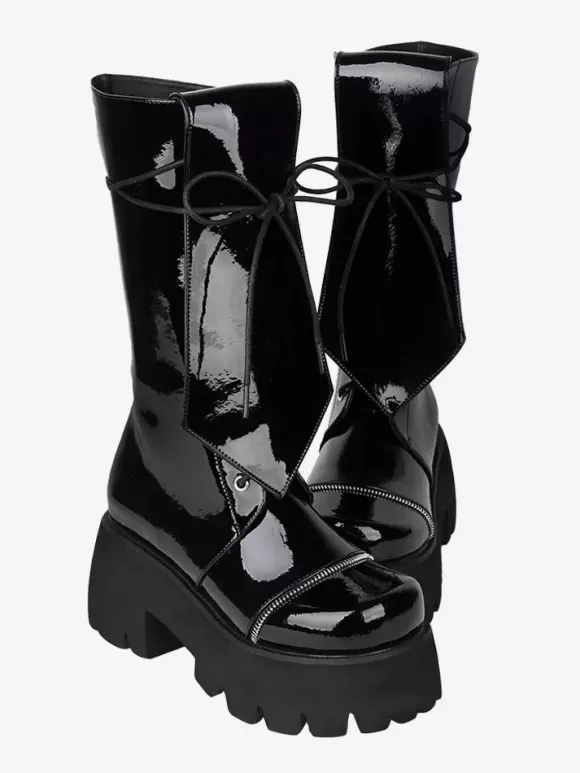 Gothic Lolita Boots Black Grommets Glitter Round Toe PU Leather Lolita Footwear