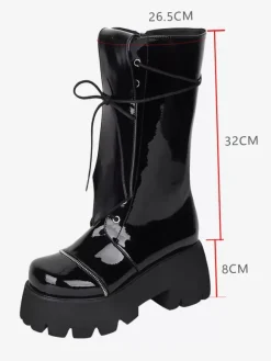 Gothic Lolita Boots Black Grommets Glitter Round Toe PU Leather Lolita Footwear