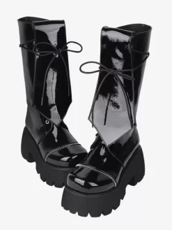 Gothic Lolita Boots Black Grommets Glitter Round Toe PU Leather Lolita Footwear