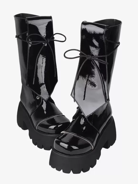 Gothic Lolita Boots Black Grommets Glitter Round Toe PU Leather Lolita Footwear