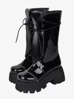 Gothic Lolita Boots Black Grommets Glitter Round Toe PU Leather Lolita Footwear