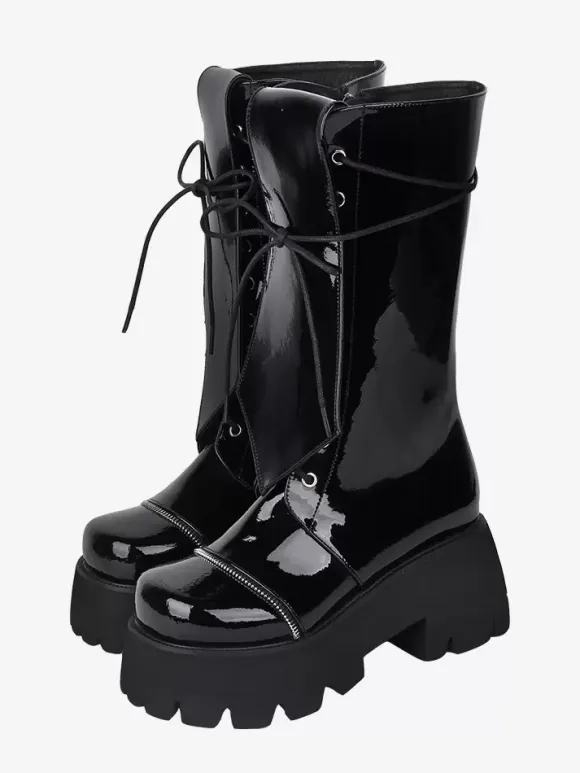 Gothic Lolita Boots Black Grommets Glitter Round Toe PU Leather Lolita Footwear