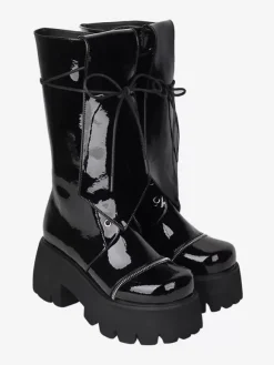 Gothic Lolita Boots Black Grommets Glitter Round Toe PU Leather Lolita Footwear