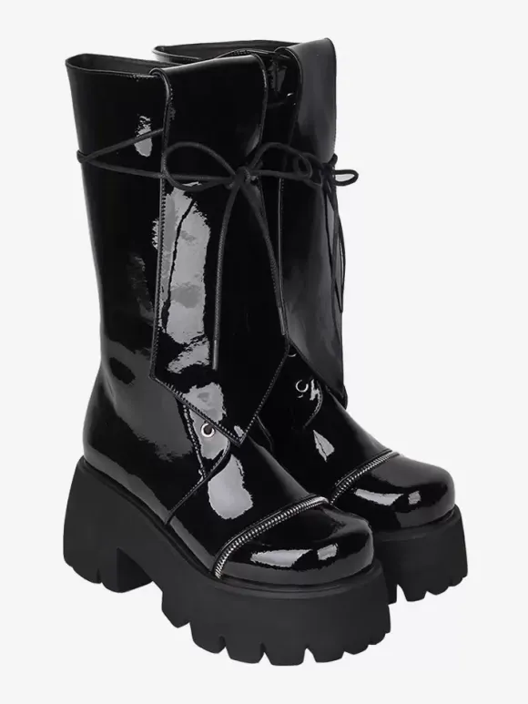 Gothic Lolita Boots Black Grommets Glitter Round Toe PU Leather Lolita Footwear
