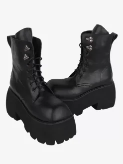Gothic Lolita Boots Black Grommets Metallic Square Toe PU Leather Lolita Footwear