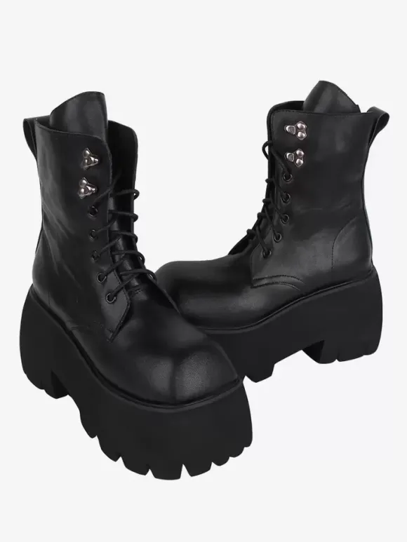 Gothic Lolita Boots Black Grommets Metallic Square Toe PU Leather Lolita Footwear