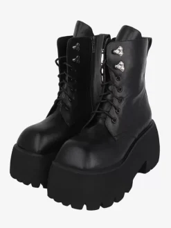 Gothic Lolita Boots Black Grommets Metallic Square Toe PU Leather Lolita Footwear