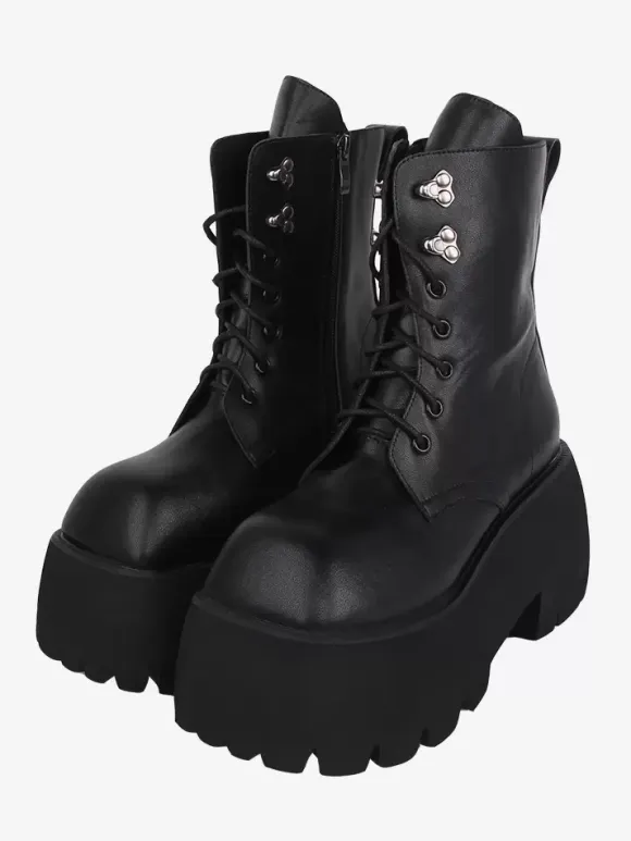 Gothic Lolita Boots Black Grommets Metallic Square Toe PU Leather Lolita Footwear