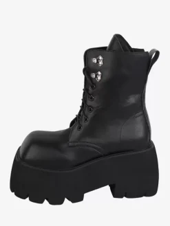 Gothic Lolita Boots Black Grommets Metallic Square Toe PU Leather Lolita Footwear