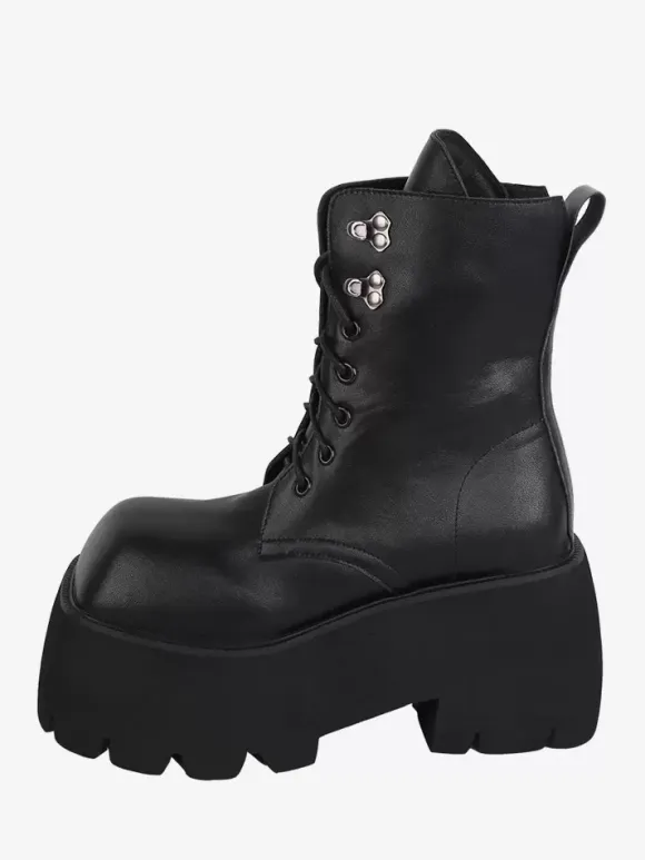 Gothic Lolita Boots Black Grommets Metallic Square Toe PU Leather Lolita Footwear