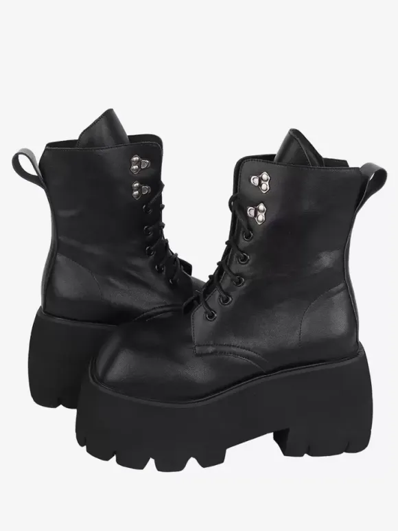 Gothic Lolita Boots Black Grommets Metallic Square Toe PU Leather Lolita Footwear