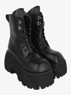 Gothic Lolita Boots Black Grommets Metallic Square Toe PU Leather Lolita Footwear