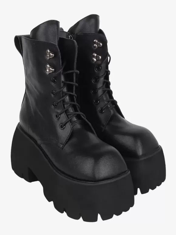 Gothic Lolita Boots Black Grommets Metallic Square Toe PU Leather Lolita Footwear