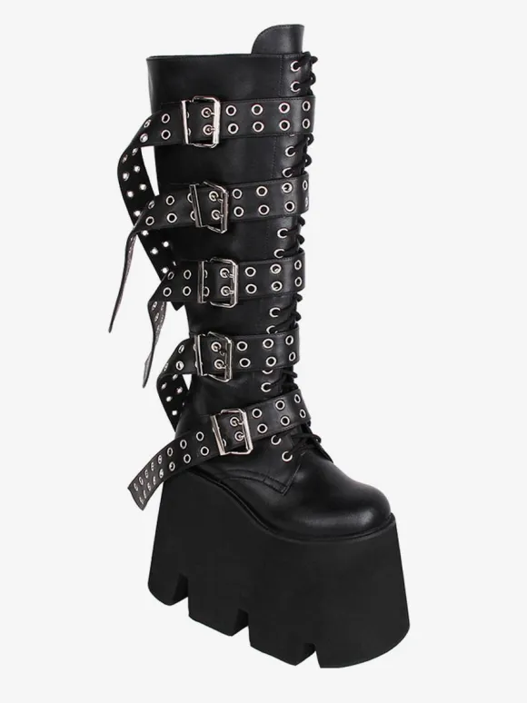 Gothic Lolita Boots Black PU Round Toe PU Leather Lolita Footwear