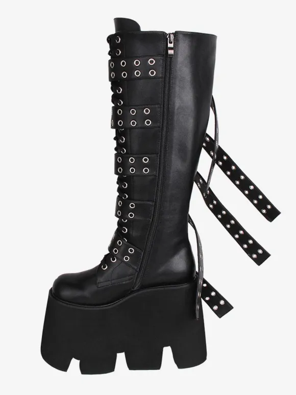Gothic Lolita Boots Black PU Round Toe PU Leather Lolita Footwear