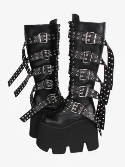 Gothic Lolita Boots Black PU Round Toe PU Leather Lolita Footwear