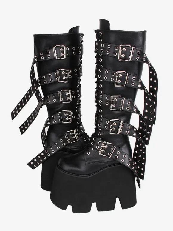 Gothic Lolita Boots Black PU Round Toe PU Leather Lolita Footwear