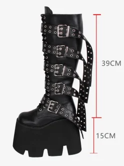 Gothic Lolita Boots Black PU Round Toe PU Leather Lolita Footwear