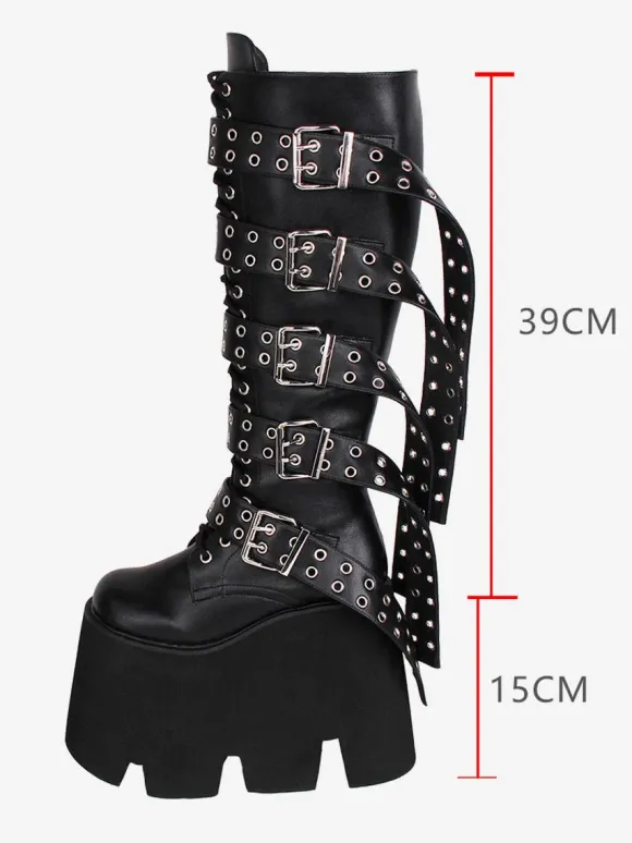 Gothic Lolita Boots Black PU Round Toe PU Leather Lolita Footwear
