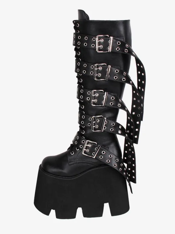 Gothic Lolita Boots Black PU Round Toe PU Leather Lolita Footwear