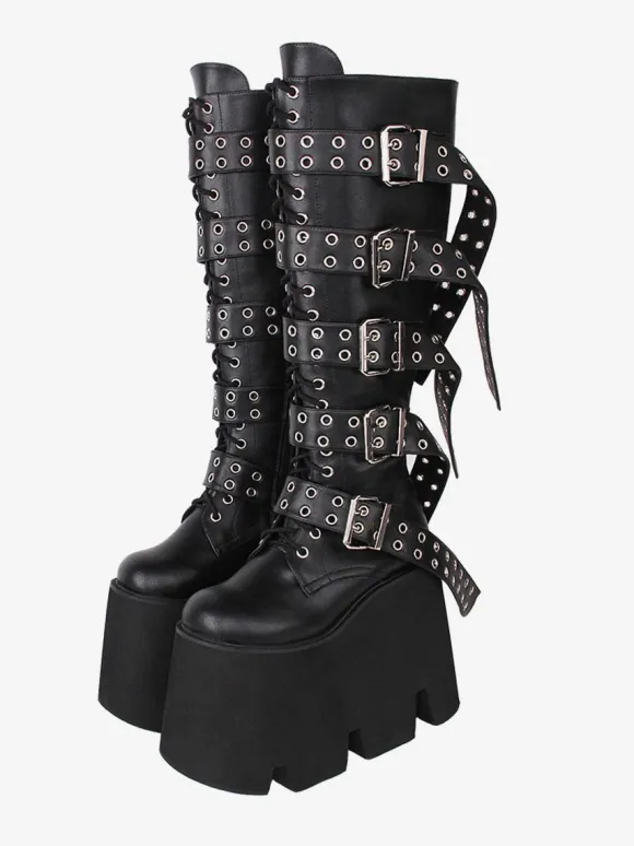 Gothic Lolita Boots Black PU Round Toe PU Leather Lolita Footwear