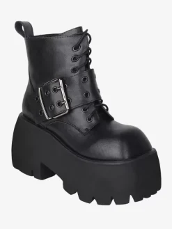 Gothic Lolita Boots Black Grommets Metallic Square Toe PU Leather Lolita Footwear