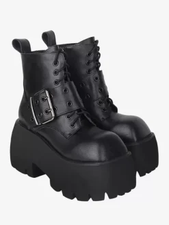 Gothic Lolita Boots Black Grommets Metallic Square Toe PU Leather Lolita Footwear
