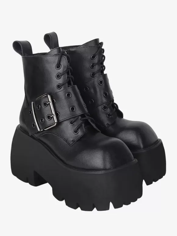 Gothic Lolita Boots Black Grommets Metallic Square Toe PU Leather Lolita Footwear