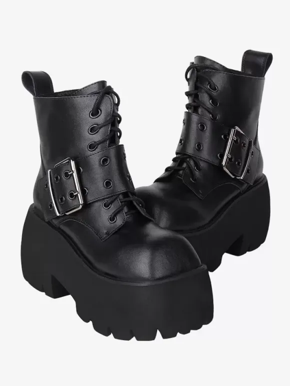 Gothic Lolita Boots Black Grommets Metallic Square Toe PU Leather Lolita Footwear