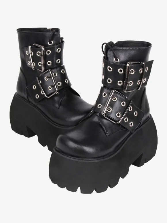 Gothic Lolita Boots Black PU Round Toe PU Leather Lolita Footwear