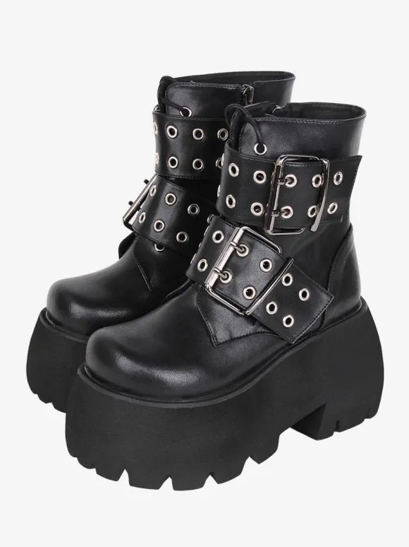 Gothic Lolita Boots Black PU Round Toe PU Leather Lolita Footwear