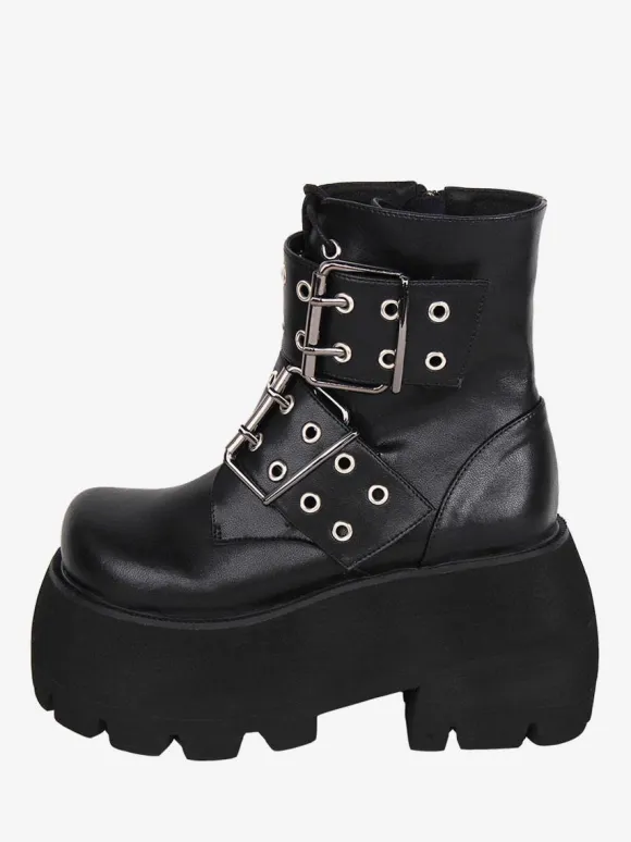 Gothic Lolita Boots Black PU Round Toe PU Leather Lolita Footwear