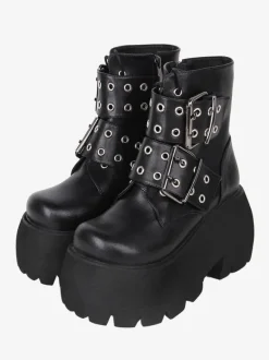 Gothic Lolita Boots Black PU Round Toe PU Leather Lolita Footwear