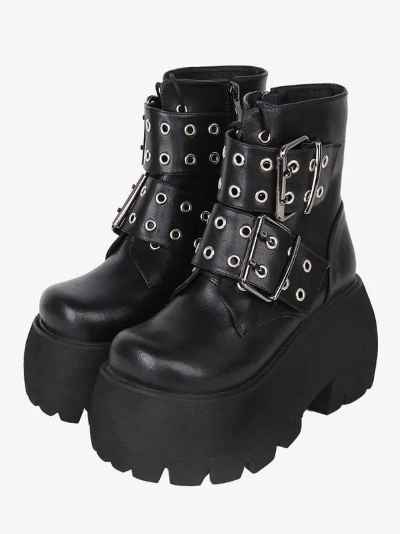 Gothic Lolita Boots Black PU Round Toe PU Leather Lolita Footwear