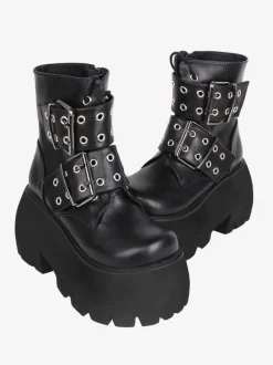 Gothic Lolita Boots Black PU Round Toe PU Leather Lolita Footwear