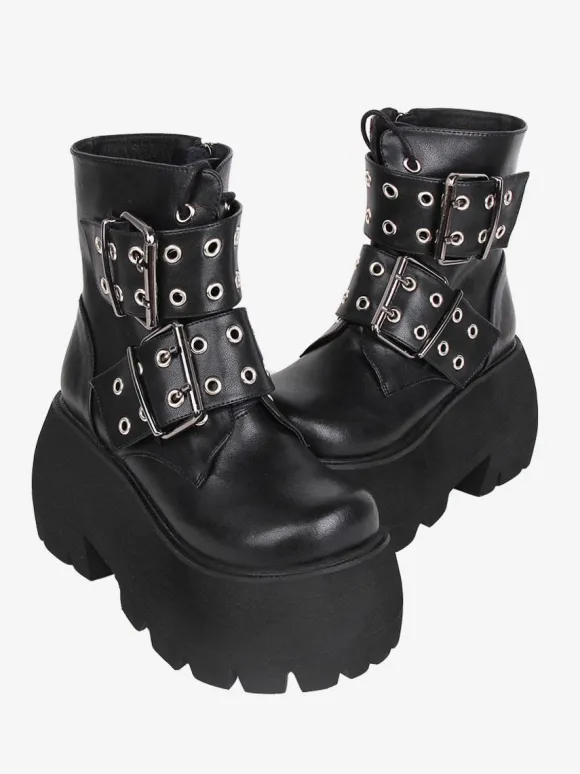 Gothic Lolita Boots Black PU Round Toe PU Leather Lolita Footwear