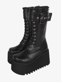 Gothic Lolita Boots Black PU Round Toe PU Leather Lolita Footwear