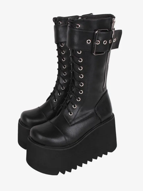 Gothic Lolita Boots Black PU Round Toe PU Leather Lolita Footwear