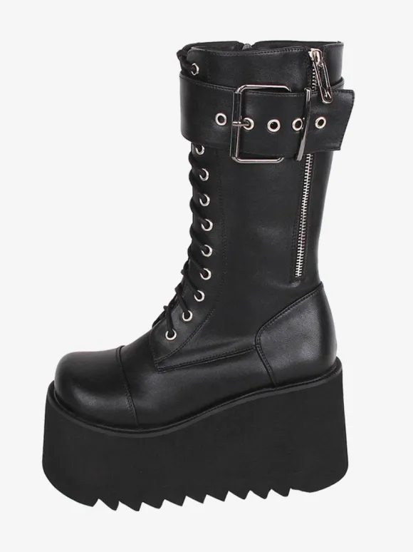 Gothic Lolita Boots Black PU Round Toe PU Leather Lolita Footwear