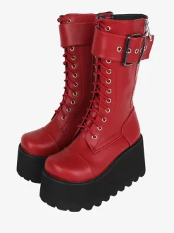 Gothic Lolita Boots Black PU Round Toe PU Leather Lolita Footwear