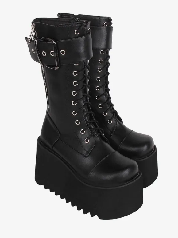 Gothic Lolita Boots Black PU Round Toe PU Leather Lolita Footwear