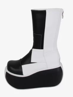 Gothic Lolita Boots Black Patchwork Round Toe PU Leather Lolita Footwear